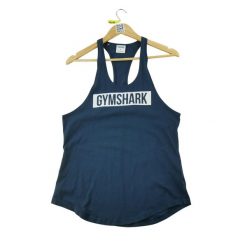 Second life - Koszulka na ramiączkach męska granatowa - Stan dobry. Niebieskie koszulki sportowe męskie GYMSHARK, l, bez wzorów, z materiału, bez kołnierzyka, bez ramiączek, na fitness i siłownię. Za 59.60 zł.