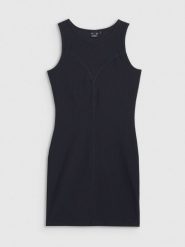 4F Sukienka mini z prążkowanej dzianiny damska - czarna M. Czarne sukienki damskie 4f, na co dzień, m, bez wzorów, z dzianiny, eleganckie, bez kołnierzyka, bez ramiączek, maxi, dopasowane. W wyprzedaży za 59.99 zł.