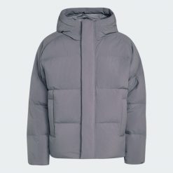 Puchowa kurtka z kapturem Helionic. Szare kurtki męskie Adidas, l, bez wzorów, z materiału, eleganckie, z kapturem. Za 799.00 zł.