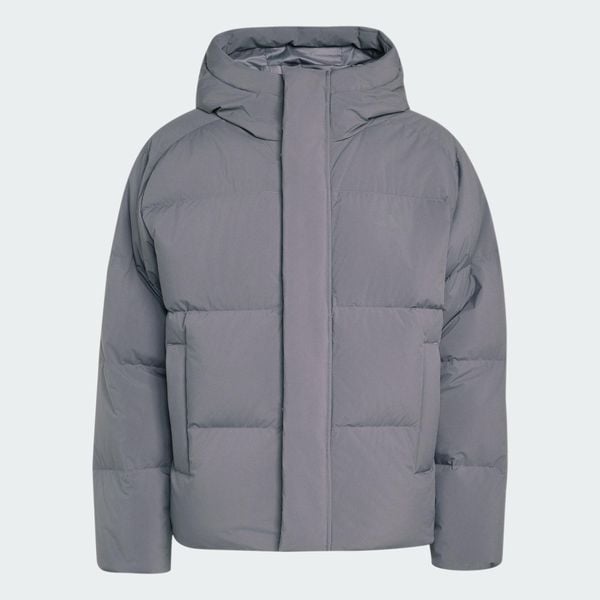 Puchowa kurtka z kapturem Helionic. Szare kurtki męskie Adidas, l, bez wzorów, z materiału, eleganckie, z kapturem. Za 799.00 zł.