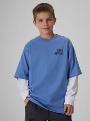4F T-shirt loose z nadrukiem chłopięcy - denim 146/152 (10-12 lat). T-shirty dla chłopców 4f, bez wzorów, z bawełny, bez ramiączek. Za 59.99 zł.