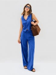 Spodnie wide leg z lyocellem i domieszką lnu - niebieski. Niebieskie spodnie materiałowe damskie Sinsay, l, bez wzorów, z lyocellu. Za 59.99 zł.