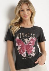 Czarny Bawełniany T-shirt z Metalicznym Napisem i Motylem Zarevalia. Czarne bluzki damskie Born2be, l, bez wzorów, z bawełny, eleganckie, bez kołnierzyka. Za 39.99 zł.