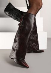 Bordowe Kozaki na Obcasie Ozdobione Wywiniętą Cholewką z Paskami i Klamrami Liennia. Czerwone kozaki damskie Born2be, bez obcasa, na obcasie. Za 189.99 zł.