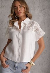 Biała Wiskozowa Koszula z Krótkim Rękawem Zdobiona Koronkowymi Wstawkami Phiniche. Białe bluzki damskie Renee, m, z aplikacjami, z jeansu, eleganckie, bez kołnierzyka, bez ramiączek. Za 79.99 zł.