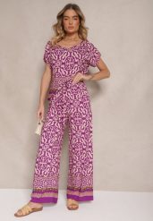 Fioletowy Komplet Spodnie i Bluzka z Bawełny w Ornamentalny Print Nanitria. Fioletowe bluzki damskie Renee, m, bez wzorów, z bawełny, bez kołnierzyka, bez ramiączek. Za 44.99 zł.