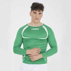 Męska koszulka do biegania z długim rękawem oddychająca zielona-biała. Białe koszulki sportowe męskie Legea, m, bez wzorów, z bawełny, bez kołnierzyka, bez ramiączek, do biegania. Za 48.00 zł.