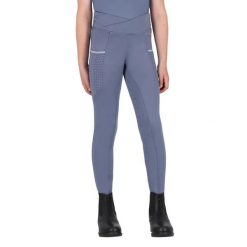 Dziewczęce legginsy jeździeckie o średniej przyczepności QHP Aubree. Niebieskie legginsy dla dziewczynek QHP, bez wzorów, z materiału. Za 353.50 zł.