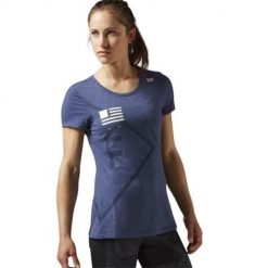 Koszulka treningowa damska Reebok AP9642. Niebieskie koszulki sportowe damskie Reebok, l, bez wzorów, z materiału, eleganckie, bez kołnierzyka. Za 174.00 zł.