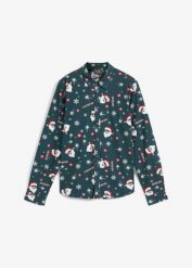 Koszula chłopięca z długim rękawem i bożonarodzenowym nadrukiem, Slim Fit. Zielone koszule dla chłopców bonprix, bez wzorów, bez kołnierzyka, bez ramiączek. Za 79.99 zł.