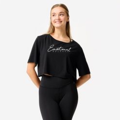 Koszulka do tańca modern jazz damska Domyos crop top. Czarne t-shirty damskie DOMYOS, xl, bez wzorów, z elastanu, eleganckie, bez kołnierzyka. Za 69.99 zł.