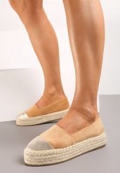 Brązowe Espadryle z Brokatowym Noskiem i Plecioną Podeszwą Plaora. Brązowe espadryle damskie Renee, bez wzorów, bez obcasa, na platformie, bez zapięcia. Za 59.99 zł.