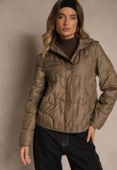 Brązowa Kurtka Przejściowa z Kapturem w Oryginalne Pikowane Przeszycia Arivitta. Brązowe kurtki damskie Renee, l, bez wzorów, z jeansu, z kapturem. Za 209.99 zł.