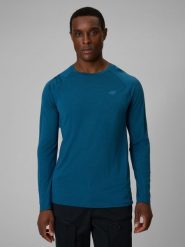 4F Longsleeve trekkingowy szybkoschnący z wełną merino męski - turkusowy M. Niebieskie bluzki z długim rękawem męskie 4f, l, bez wzorów, ze skóry, bez kołnierzyka. Za 249.99 zł.