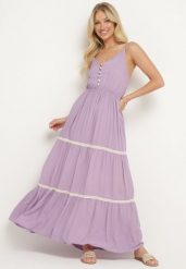 Fioletowa Sukienka na Ramiączkach z Gumką w Pasie Zapinana na Guziki z Falbanką i Haftem Tiamavita. Fioletowe sukienki damskie Born2be, na lato, l, bez wzorów, bez kołnierzyka, bez ramiączek, maxi. Za 49.99 zł.