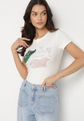 Biały Bawełniany T-shirt z Nadrukiem z Cyrkoniami Karissen. Białe bluzki damskie Born2be, m, bez wzorów, z bawełny, eleganckie, bez kołnierzyka, bez ramiączek. Za 34.99 zł.