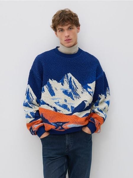 Bluza z nadrukiem - granatowy. Niebieskie bluzy męskie Reserved, l, bez wzorów, z dzianiny, bez kaptura. W wyprzedaży za 129.99 zł.