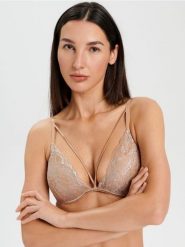 Biustonosz plunge - beżowy. Brązowe biustonosze Sinsay, bez wzorów, z koronki. Za 39.99 zł.