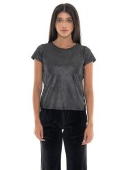 Leone 1947 Damen-T-Shirt ze złotymi Nieten und kurzen Ęrmeln aus Lurex. Czarne t-shirty damskie LEONE 1947 APPAREL, s, bez wzorów, z tkaniny, eleganckie, bez kołnierzyka. Za 235.76 zł.
