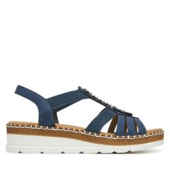 Sandały Rieker. Niebieskie klapki damskie Rieker, bez wzorów, bez obcasa, na koturnie, bez zapięcia. Za 239.99 zł.