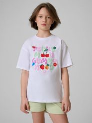 4F T-shirt loose z nadrukiem dziewczęcy - biały 146/152 (10-12 lat). Białe t-shirty damskie 4f, bez wzorów, z bawełny, bez ramiączek. Za 49.99 zł.