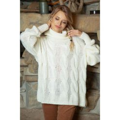 Ecru Obszerny Sweter z Golfem w Warkocze. Szare swetry damskie Molly.pl, uniwersalny, bez wzorów, bez kołnierzyka, bez ramiączek, długie, bez kaptura. Za 128.90 zł.