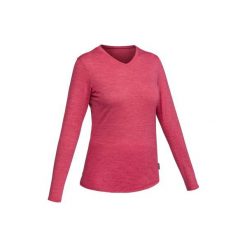 Koszulka trekkingowa z długim rękawem TRAVEL 500 z wełny merynosa damska. Czerwone t-shirty damskie FORCLAZ, l, bez wzorów, z materiału, bez kołnierzyka. Za 79.99 zł.