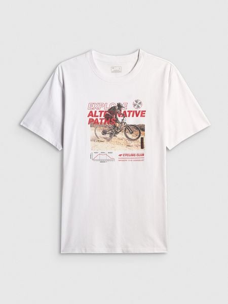 4F T-shirt relaxed z nadrukiem męski - biały XL. Białe t-shirty męskie 4f, m, bez wzorów, z bawełny, klasyczne, bez kołnierzyka. W wyprzedaży za 69.99 zł.