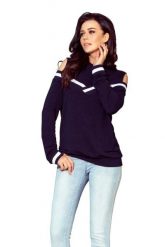 Granatowa Bluza Typu Cold Shoulder z Kontrastowymi Lamówkami. Bluzy damskie NUMOCO, s, bez wzorów, z materiału, bez kaptura. Za 156.90 zł.