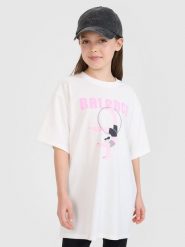 4F T-shirt oversize z nadrukiem dziewczęcy - biały 140 (9-10 lat). Białe t-shirty i topy dla dziewczynek 4f, bez wzorów, z bawełny, bez ramiączek. W wyprzedaży za 19.99 zł.