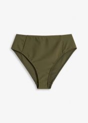 Figi bikini z wysoką talią i wysokim wycięciem nogawek. Zielone bikini damskie bonprix, bez wzorów. Za 32.99 zł.