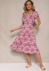 Różowa Rozkloszowana Sukienka z Bawełny z Gumką w Talii Desanita. Czerwone sukienki damskie Renee, na co dzień, na lato, l, bez wzorów, z bawełny, eleganckie, bez kołnierzyka, bez ramiączek, midi, kopertowe. Za 39.99 zł.