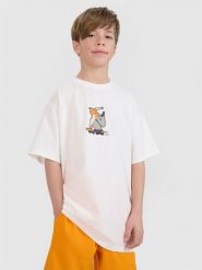 4F T-shirt oversize z nadrukiem chłopięcy - biały 158 (12-13 lat). Białe t-shirty dla chłopców 4f, bez wzorów, z bawełny, bez ramiączek. W wyprzedaży za 29.99 zł.