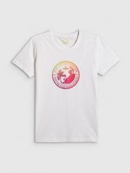 4F T-shirt regular z nadrukiem damski - biały XS. Białe koszulki sportowe damskie 4f, xs, bez wzorów, z bawełny, klasyczne, bez kołnierzyka. Za 59.99 zł.