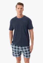 Piżama męska z szortami U-SEN. Niebieskie piżamy męskie Volcano, l, bez wzorów, z bawełny, bez ramiączek, krótkie. Za 109.99 zł.