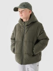 4F Kurtka puchowa z wypełnieniem syntetycznym chłopięca - khaki 164 (13-14 lat). Brązowe buty zimowe chłopięce 4f, na zimę, bez wzorów, z dzianiny, klasyczne, z kapturem. W wyprzedaży za 99.99 zł.