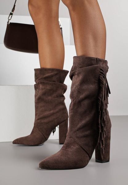 Brązowe Botki Kowbojki na Słupku z Frędzlami Reisetia. Brązowe botki damskie Renee, z jeansu, eleganckie, bez obcasa, na obcasie, bez zapięcia. Za 189.99 zł.