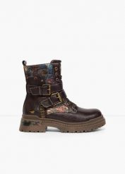 Botki sznurowane Mustang z klamrami. Brązowe botki damskie bonprix, bez obcasa, bez zapięcia. Za 389.99 zł.