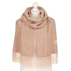 Beżowy szal damski z poliestru i wiskozy ozdobiony frędzlami - Rovicky. Brązowe szaliki i chusty damskie ROVICKY, bez wzorów, z wiskozy, biznesowe. Za 55.00 zł.