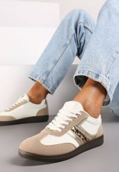 Ciemnobeżowe Stylowe Sneakersy na Płaskiej Podeszwie z Geometrycznymi Przeszyciami Rialine. Brązowe obuwie sportowe damskie Born2be, bez wzorów, z jeansu. Za 69.99 zł.