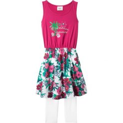 Sukienka + legginsy 3/4 (2 części) bonprix jeżynowo-biały. Legginsy dla dziewczynek bonprix, z nadrukiem. Za 37.99 zł.