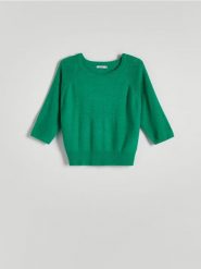 Gładki sweter - zielony. Zielone swetry damskie Reserved, l, bez wzorów, z dzianiny, bez kołnierzyka, bez ramiączek, bez kaptura. W wyprzedaży za 39.99 zł.