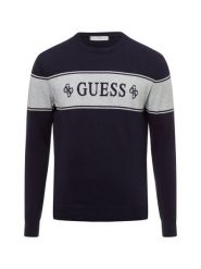 GUESS Męski sweter z dzianiny Mężczyźni Bawełna niebieski|szary w paski, XL. Niebieskie swetry przez głowę męskie Guess, m, z aplikacjami, z bawełny, bez kołnierzyka. Za 229.95 zł.