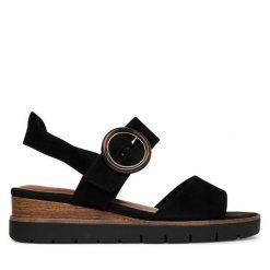 Sandały Tamaris. Czarne sandały damskie Tamaris, bez wzorów, bez obcasa, na koturnie, bez zapięcia. Za 229.99 zł.