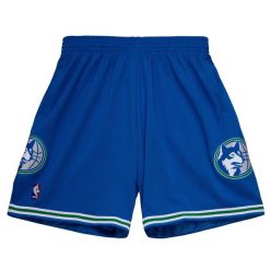 Krótkie NBA Minnesota Timberwolves. Niebieskie krótkie spodenki sportowe męskie Mitchell & Ness, bez wzorów, do koszykówki. Za 324.50 zł.