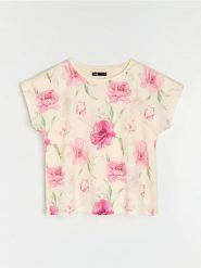 Bawełniana koszulka z krótkim rękawem i motywem kwiatowym - kremowy. Białe t-shirty damskie Sinsay, l, bez wzorów, z bawełny, bez kołnierzyka. Za 25.99 zł.