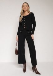 Czarny Dzianinowy Komplet z Wiskozą w Eleganckim Stylu Kardigan i Spodnie Delisana. Czarne spodnie materiałowe damskie Born2be, m, bez wzorów, z dzianiny. Za 239.99 zł.