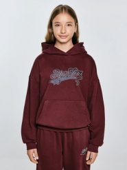Bluza dziewczęca z kapturem z nadrukiem bordowa Rubilia 604. Czerwone bluzy dla dziewczynek Big Star, bez wzorów, z dzianiny, bez ramiączek, z kapturem. W wyprzedaży za 119.99 zł.