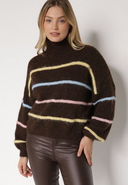 Brązowy Golf z Wełną Ozdobiony Paskami Reisorria. Brązowe swetry damskie Born2be, uniwersalny, bez wzorów, z jeansu, bez kołnierzyka, bez ramiączek, bez kaptura. Za 159.99 zł.