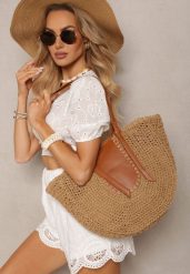 Ciemnobeżowa Jednokomorowa Torebka z Plecionej Rafii w Stylu Boho Idarkia. Brązowe torebki do ręki damskie Renee, bez wzorów, boho, bez dodatków. Za 74.99 zł.
